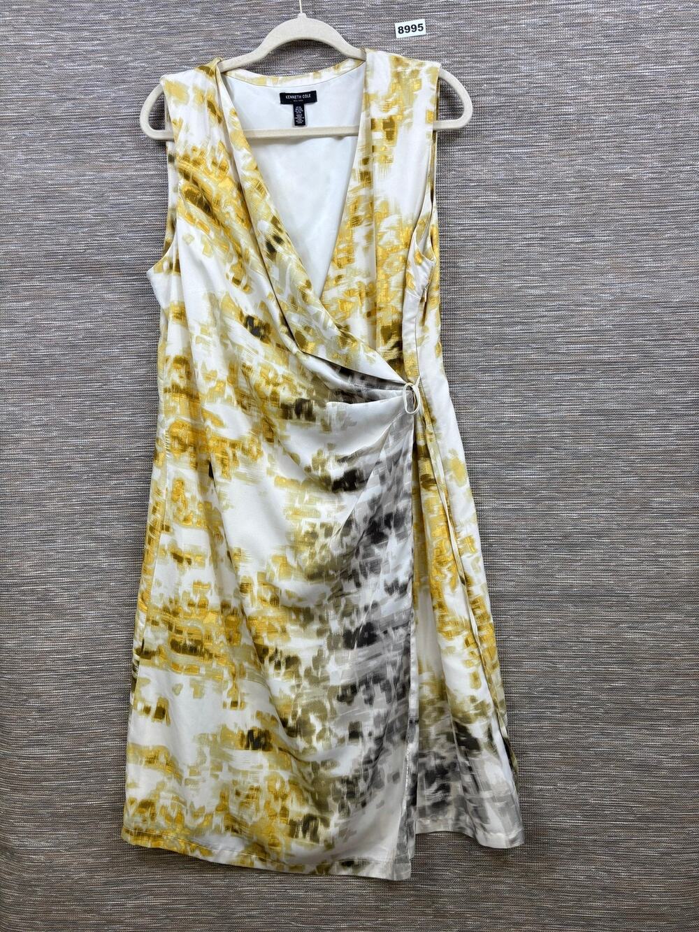 Kenneth Cole Dress Womens XL Yellow Tie Dye Wrap Midi V Neck Sleeveless Buckle